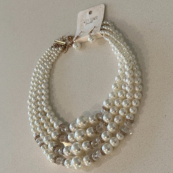 WILD FLOWER 4 Strand Fashion Faux Pearl Necklace & Earrings - Picture 4 of 7